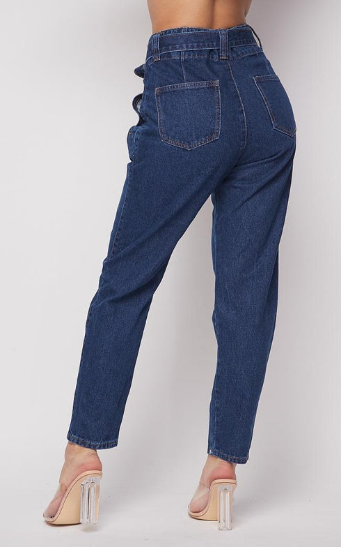 Belted Front Tie Denim Mom Jeans in Dark Denim - SohoGirl.com